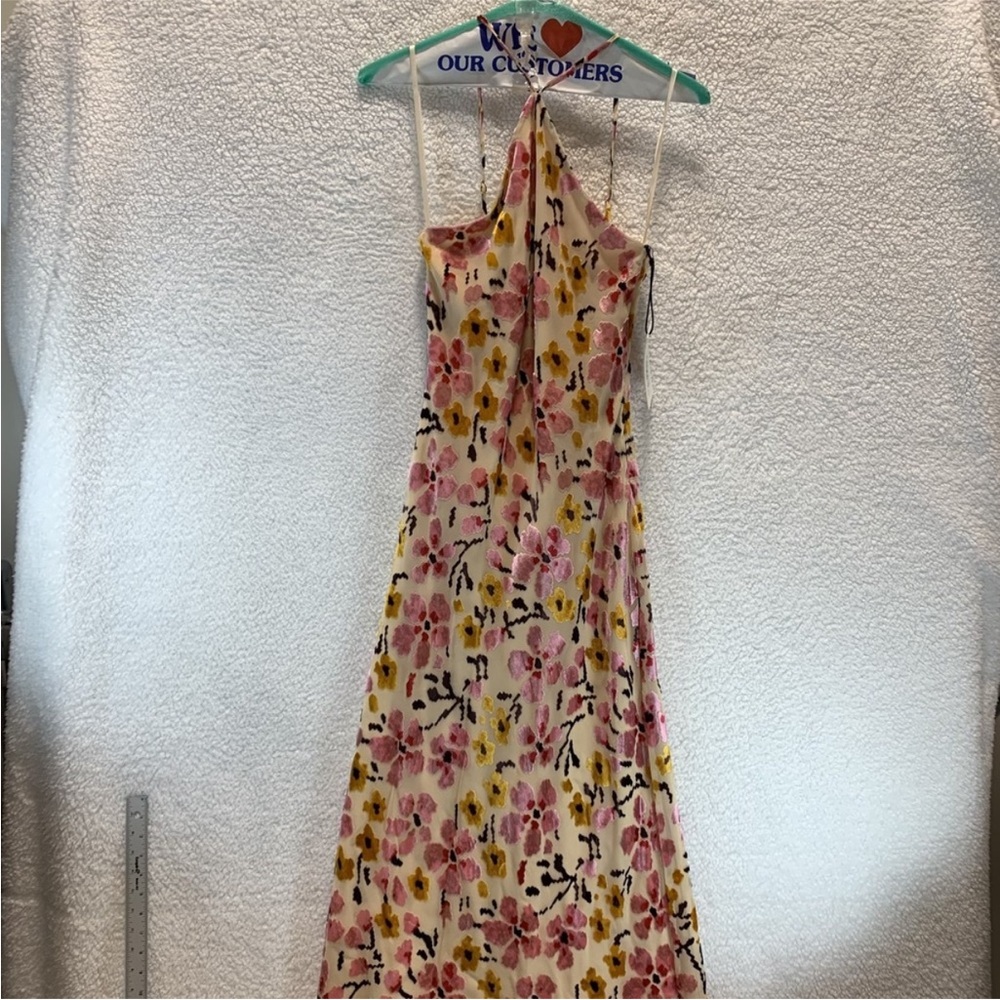 STAUD Pink Yellow Floral Backless Halter Midi Dress